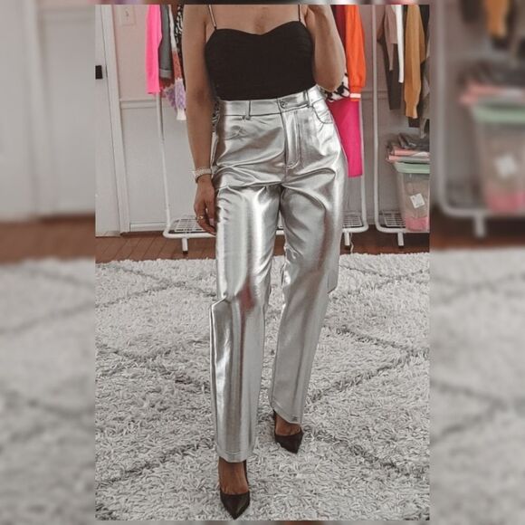 7 for all mankind silver metallic high rise straight leg pant size large 32 nwt - Picture 1 of 13